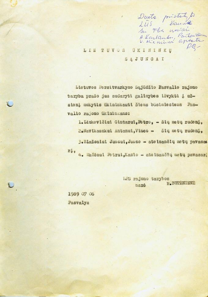 LPS rajono tarybos 1989 m. liepos 6 d. prašymas Lietuvos ūkininkų sąjungai sudaryti galimybes rajono ūkininkams išvykti į užsienį mokytis ūkininkauti 